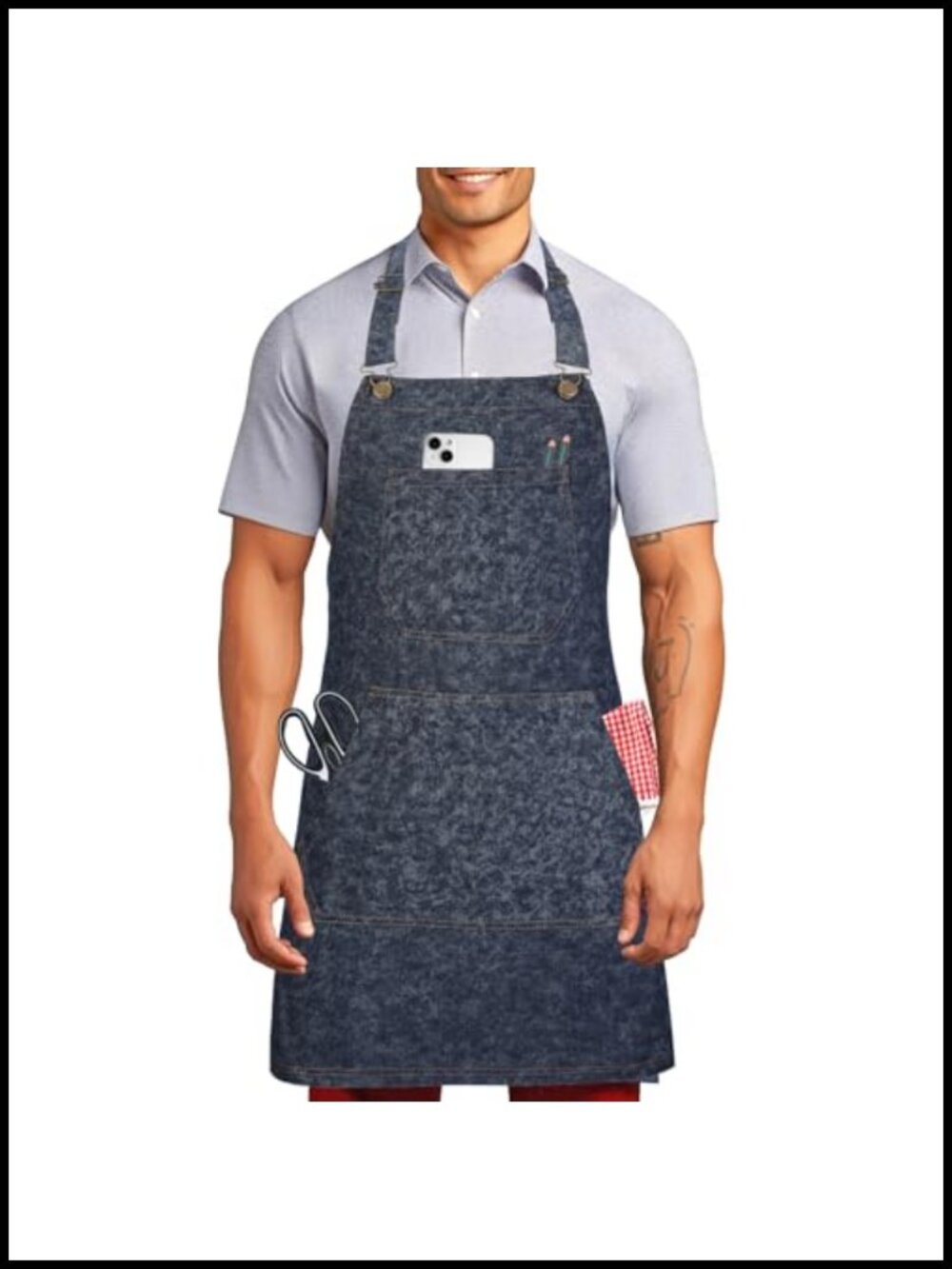 Cotton Denim Bib Apron Cross Back Straps 2 Pockets